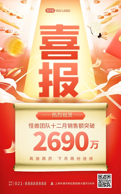 原创喜报企业年度销售额红色竖版海报
