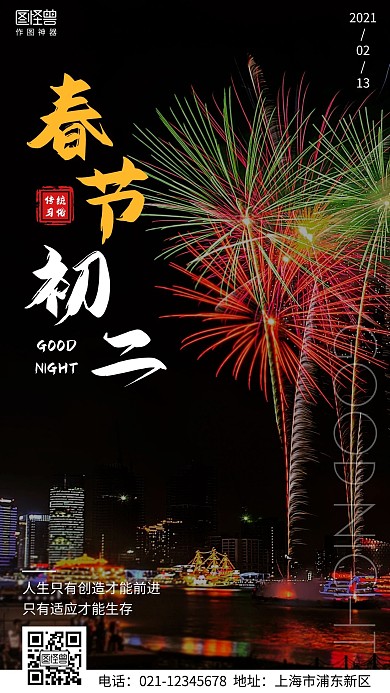 春节传统习俗大年初二晚安摄影图简约日签