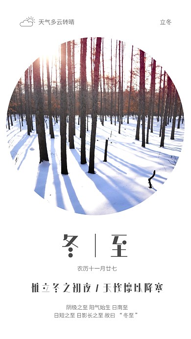 森林 下雪 太阳 冬至 早安 照片 日签