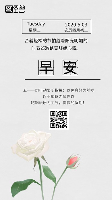 白色玫瑰五一劳动节早安海报