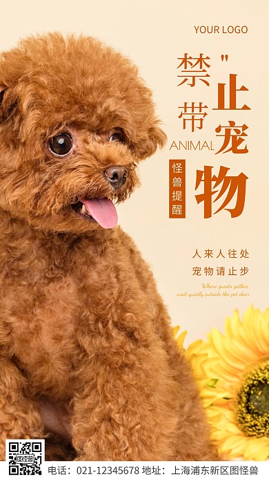 简约风棕色禁止携带宠物摄影图海报