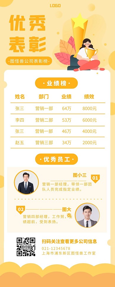 橙色扁平风公司表彰人物商务营销长图