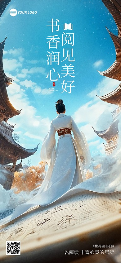 古风世界读书日问候祝福宣传全屏海报