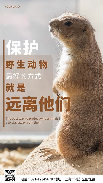 摄影图保护野生动物棕色简约风手机海报