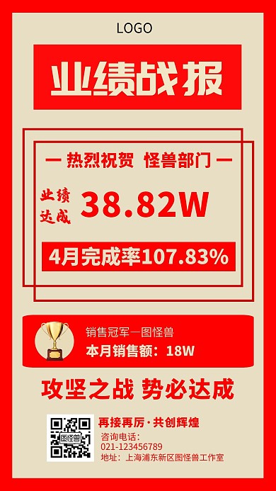 业绩达成喜报模板红色大气手机海报