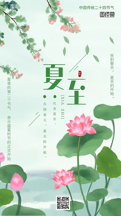 手绘夏至荷花塘节气海报