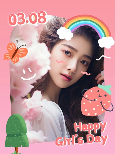 粉色创意妇女节人物晒照效果模板