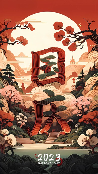 中国风山水国庆节祝福问候AIGC手机海报