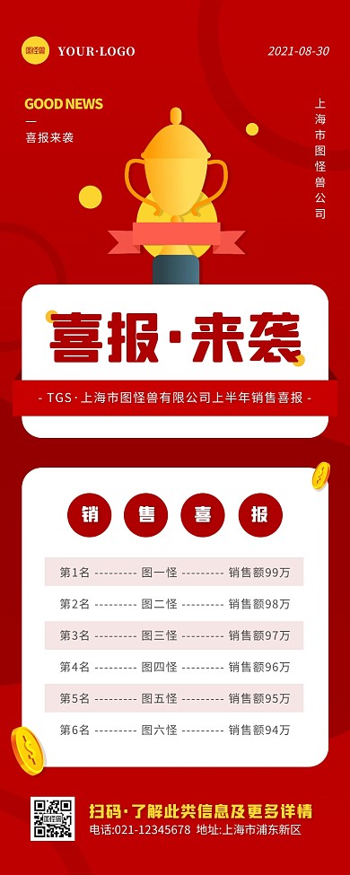 卡通风红色白色喜报简单版营销长图