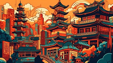 卡通风格横板插画风城市建筑古建筑手机海报背景