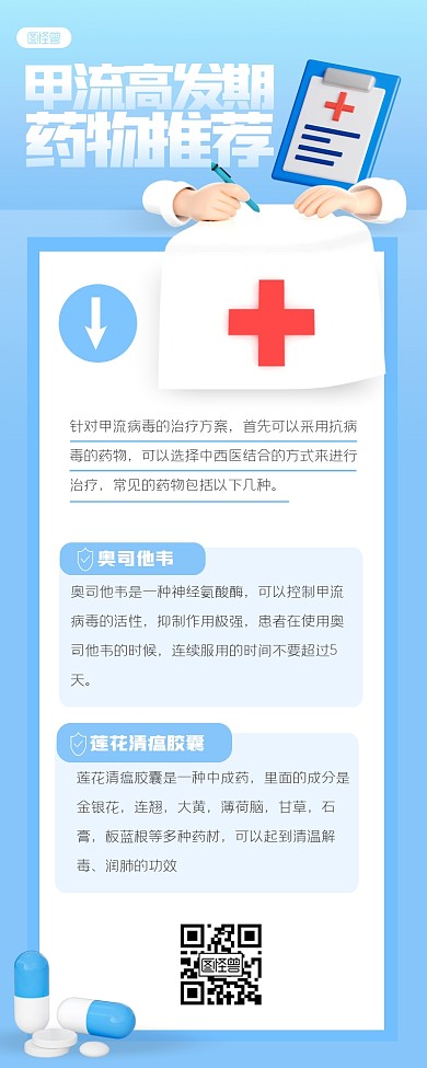 蓝色渐变甲流药物推荐3D营销长图