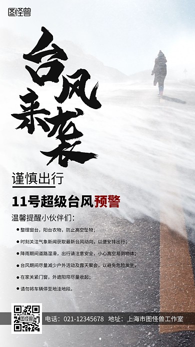 黑白文艺台风注意事项预警雨伞竖版海报