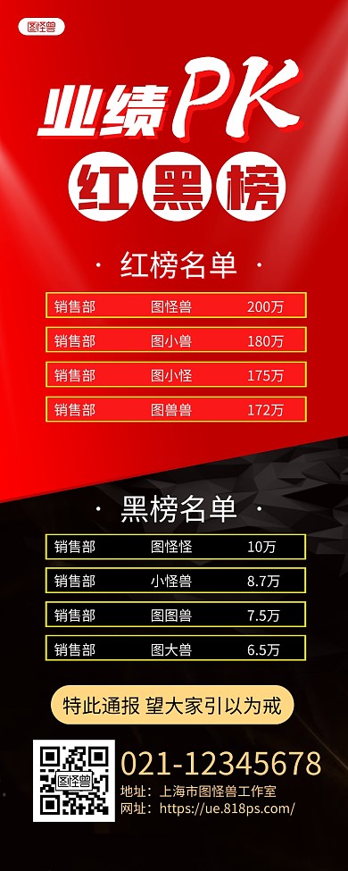 红黑大气业绩PK红黑榜长图海报