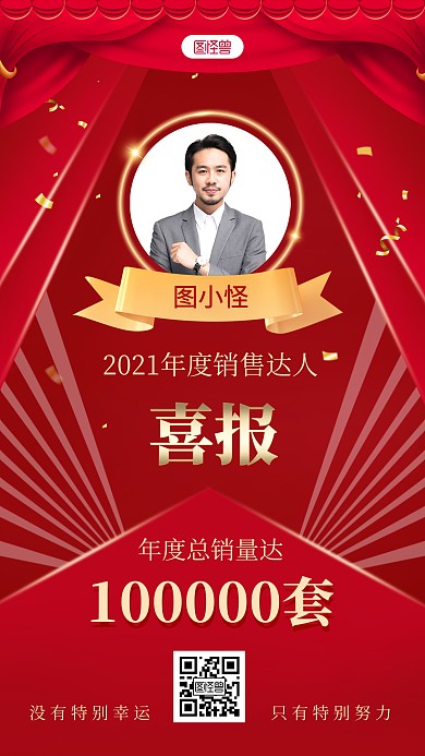 个人表彰喜报红色喜庆奖章手机海报