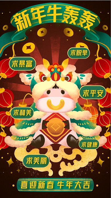 新年牛轰轰许愿插画风手机海报