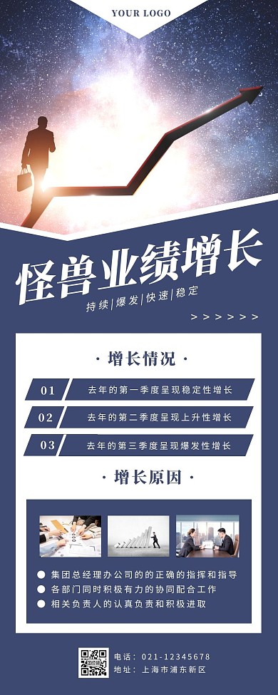 怪兽业绩增长男人蓝色商务营销长图