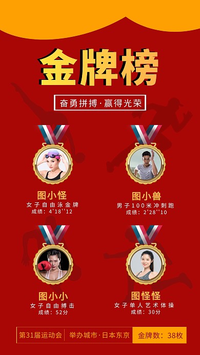 红色简约风运动会金牌光荣榜手机海报