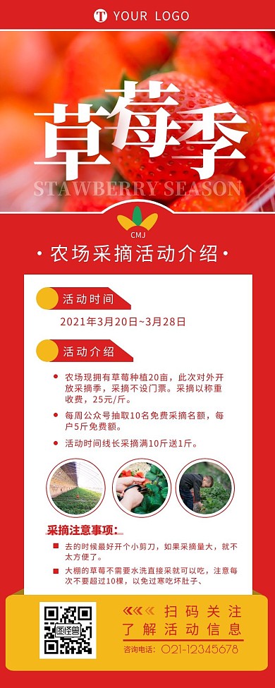 农场活动草莓采摘介绍简约营销长图设计