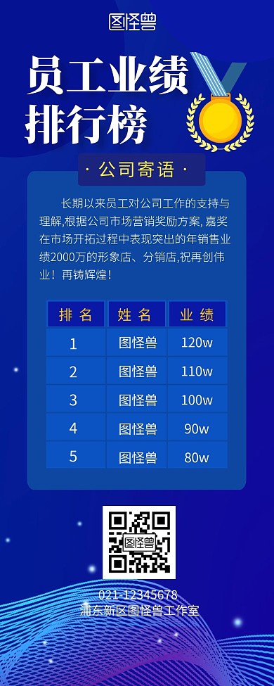 业绩简约蓝色排行榜营销长图海报