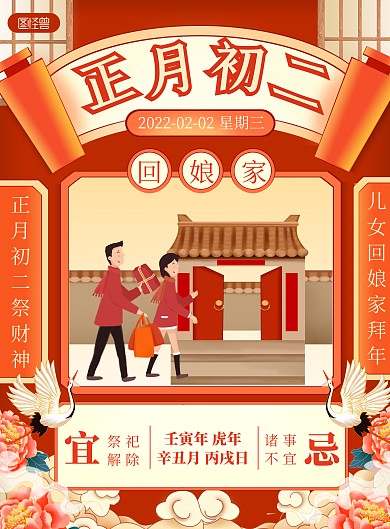2022新年习俗初二国潮风喜庆竖版海报