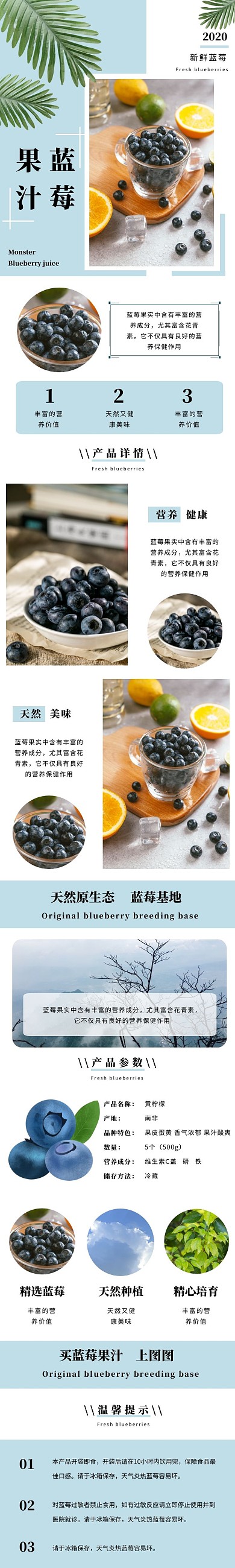 蓝色简约摄影美食水果蓝莓果汁详情页