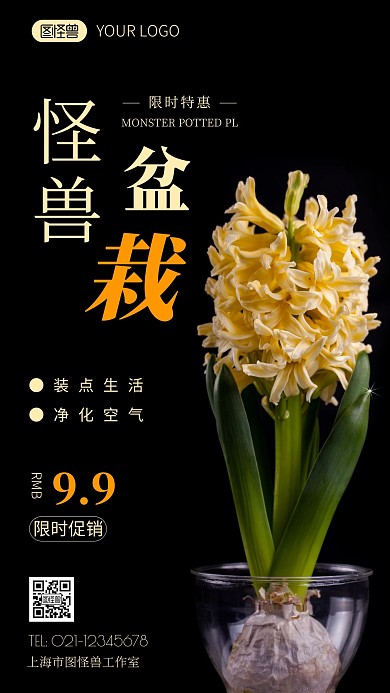 简约风怪兽盆栽促销摄影图海报