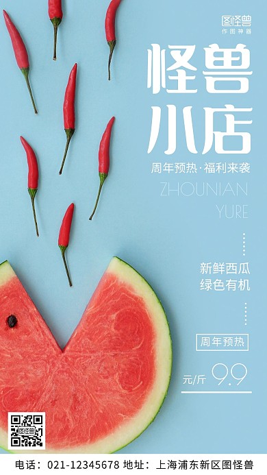 摄影图周年预热蓝色简约风手机海报