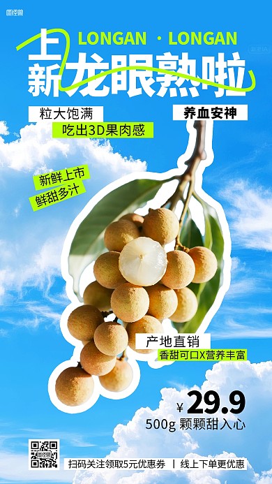 小红书风龙眼促销优惠手机海报