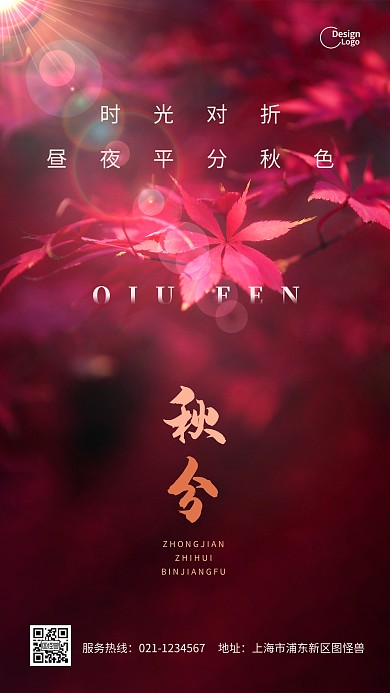 秋分二十四节气季节红色枫叶摄影图海报