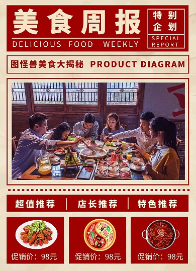 复古dm单红色简约美食周报宣传单