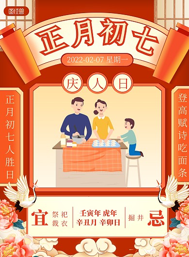 2022新年习俗初七国潮风喜庆竖版海报