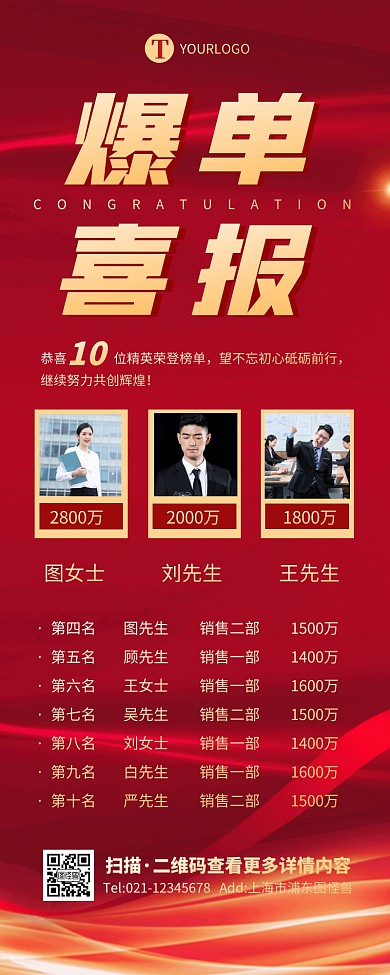 红金大气商务简约战报10人喜报营销长图