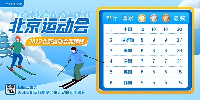 蓝色卡通2022北京冬运动会奖牌榜横版海报
