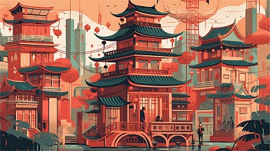 卡通风格横板插画风城市建筑古建筑手机海报背景