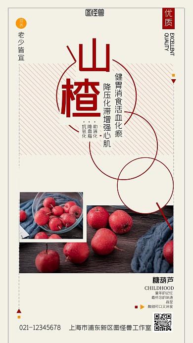 山楂餐饮美食宣传简约红色手机海报