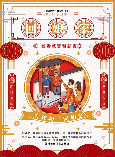 简约清新复古中国风春节习俗正月初二海报