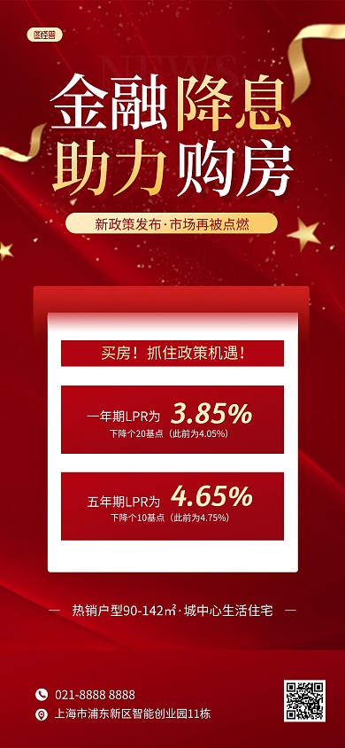 红色购房降息金融政策宣传全屏海报