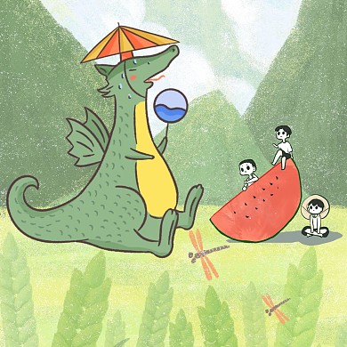 龙小孩西瓜红包头像绿色手绘