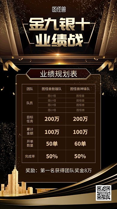 金九银十业绩规划业绩战大气黑金手机海报