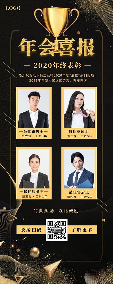 年会喜报长图黑色金色奖杯人物