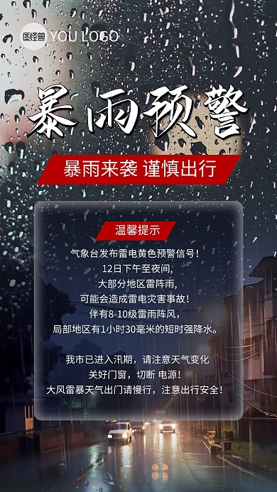 暴雨预警注意事项大气手机海报