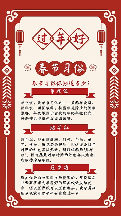 春节习俗古风几何红色宣传手机海报
