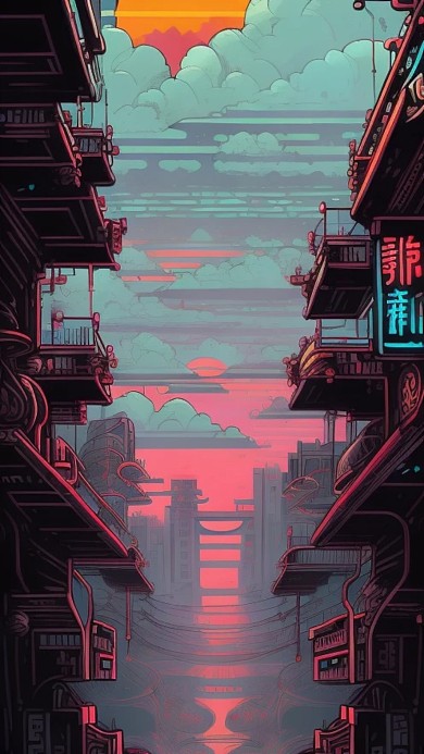 插画赛博朋克城市建筑物AI作品数字插画