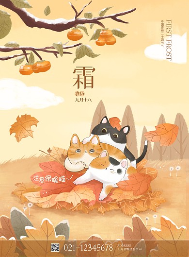 霜降插画创意橙色竖版海报