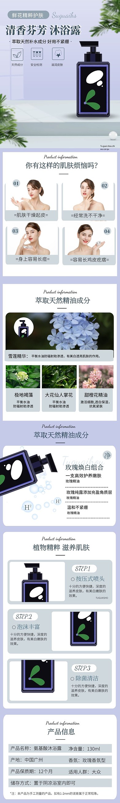 简约大气蓝色芬芳香型沐浴露介绍详情页面