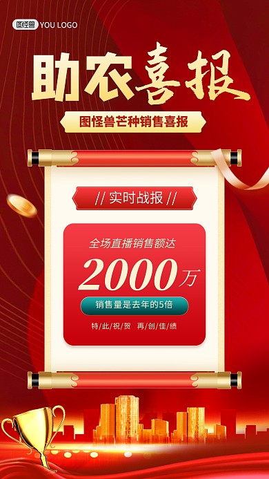 芒种喜报销售额战报红色大气手机海报