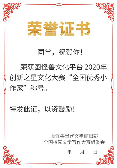 花边红简洁获奖荣誉证书小作家