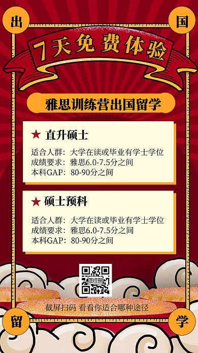 出国留学七天免费体验课招生宣传手机海报