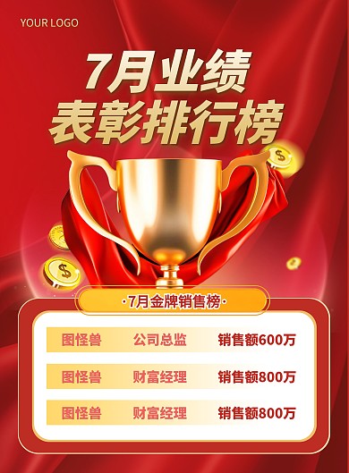 金融保险业绩表彰排行榜喜报喜庆竖版海报
