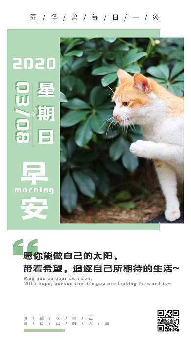 早安猫咪早上问候绿色日签